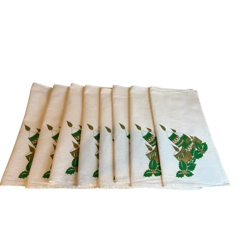 Vintage MCM Candle Holly Christmas Holiday Cloth Napkins Cotton